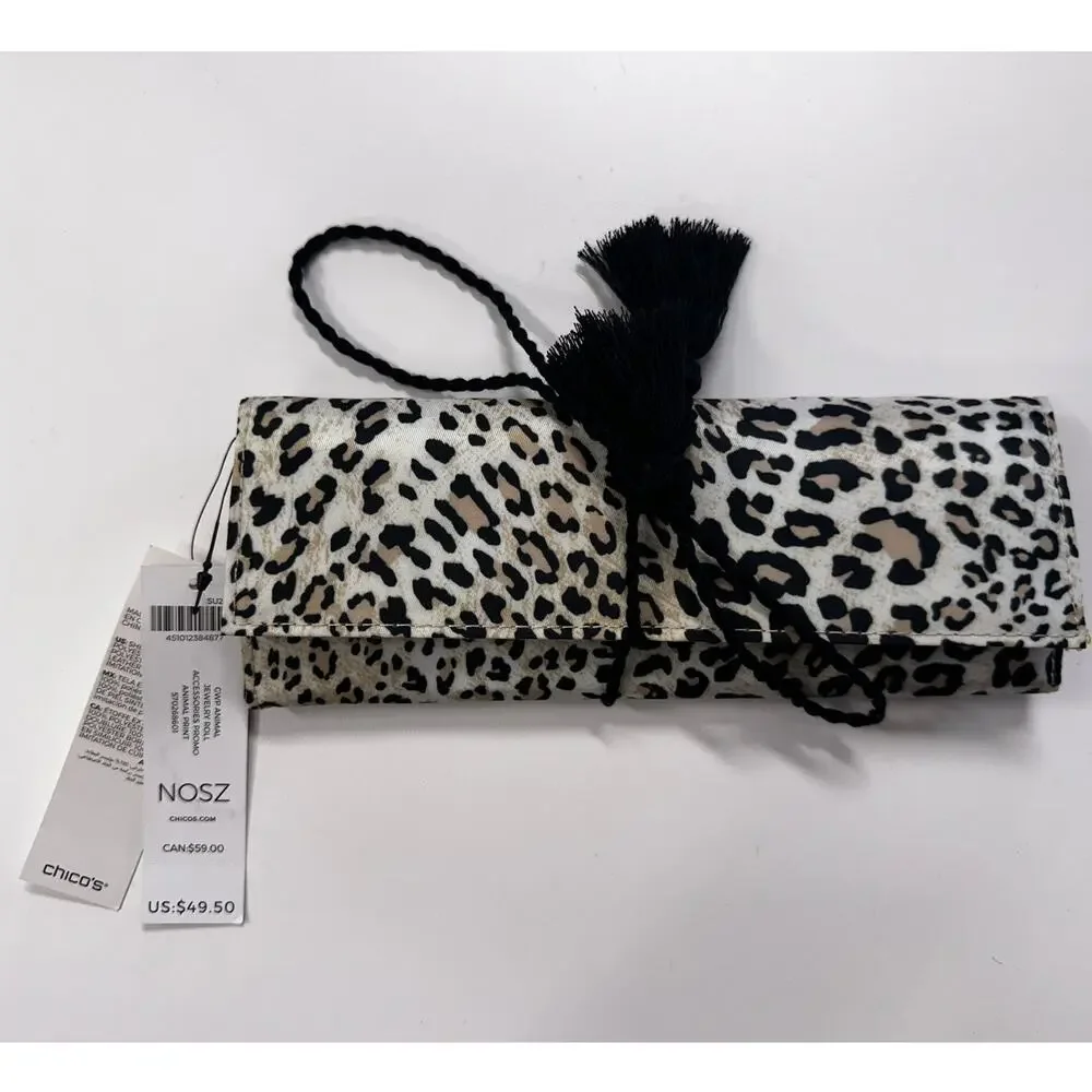 Chicos NWT $49.50 Jewelry Roll Travel Case Animal Print Leopard Tassel Tie